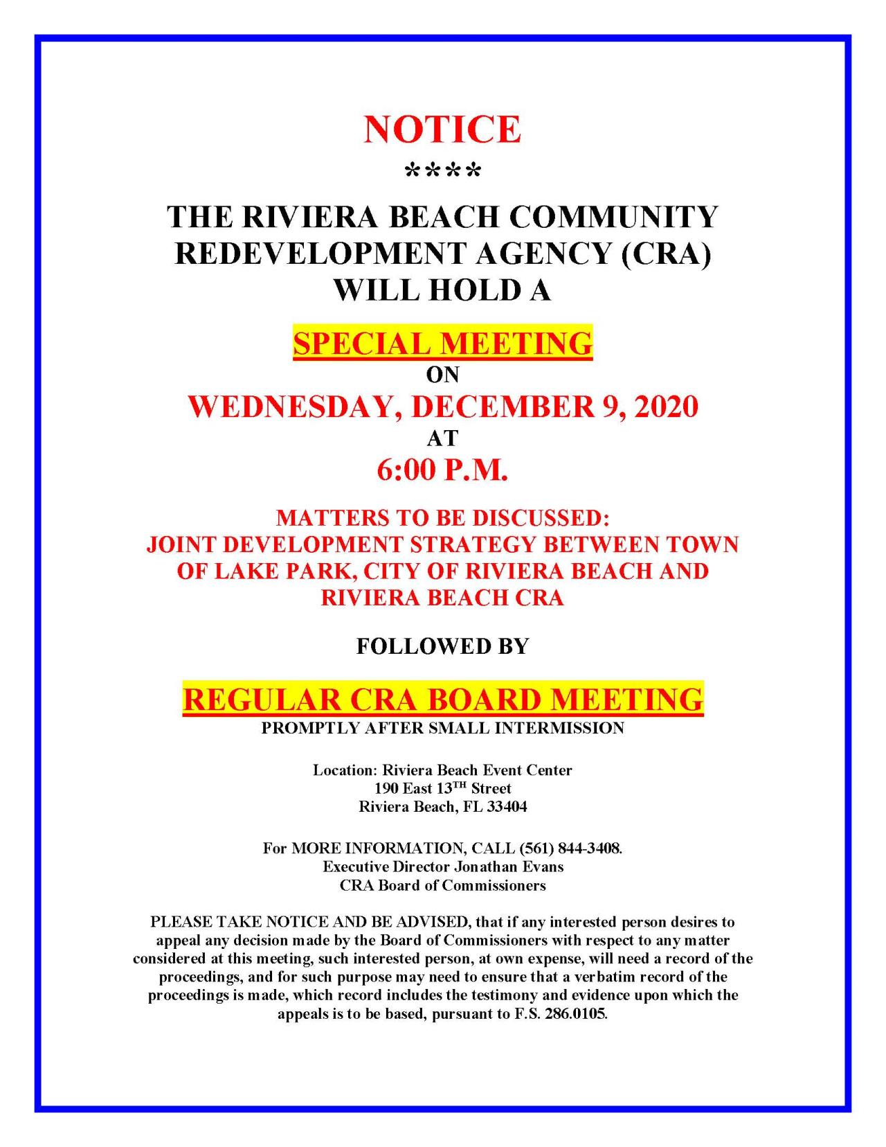 December 9 2020 Joint Meeting between Town Commission and City of Riviera Beach CRA