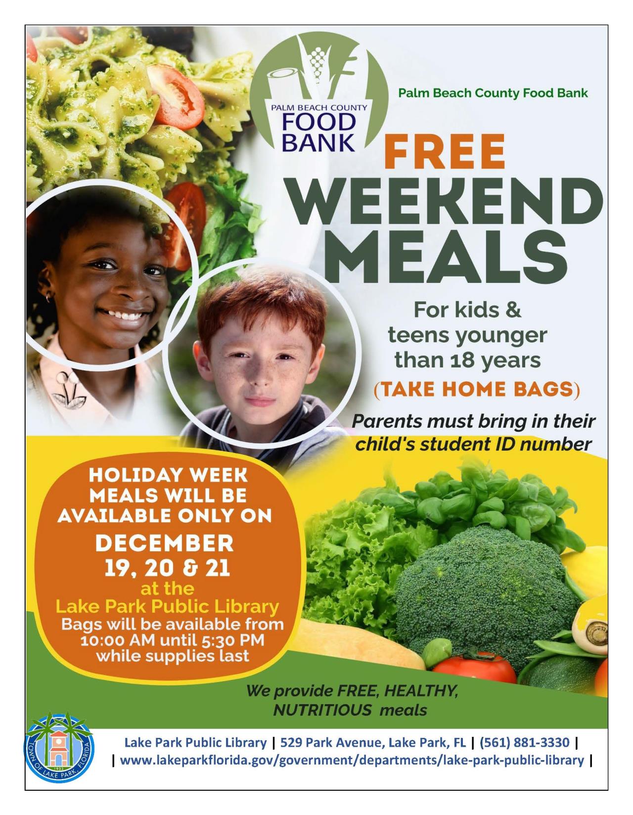 December Holiday Week PBC Food Bank Weekend Meals for Kids